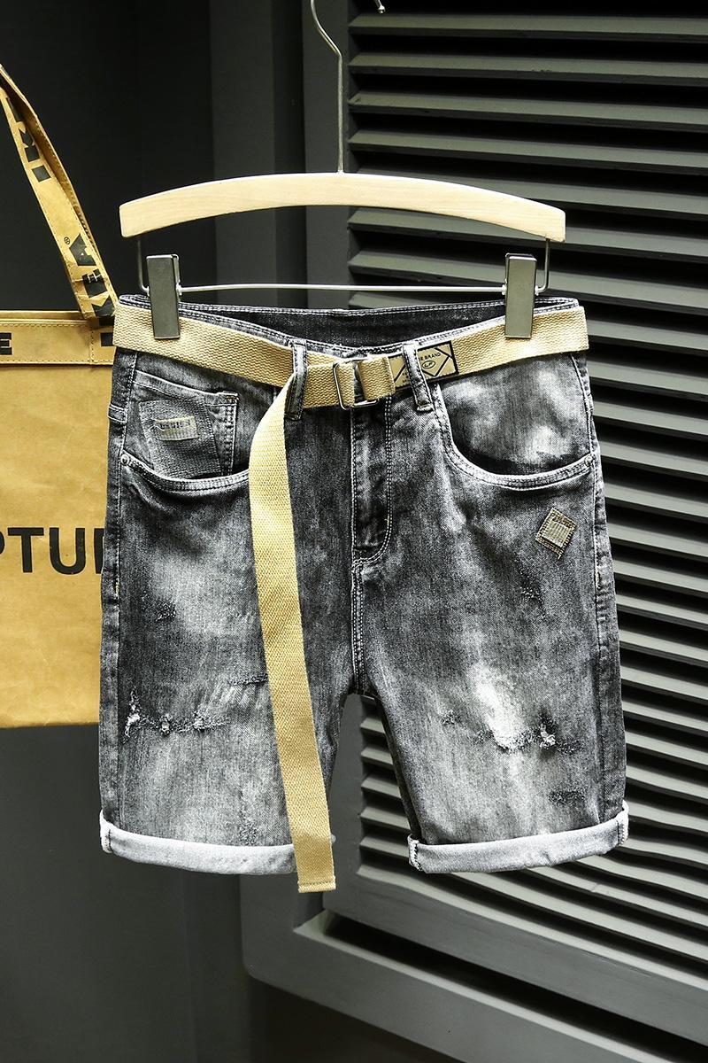 Trendy denim men's 2024 summer new high-end light luxury embroidered elastic shorts with belt