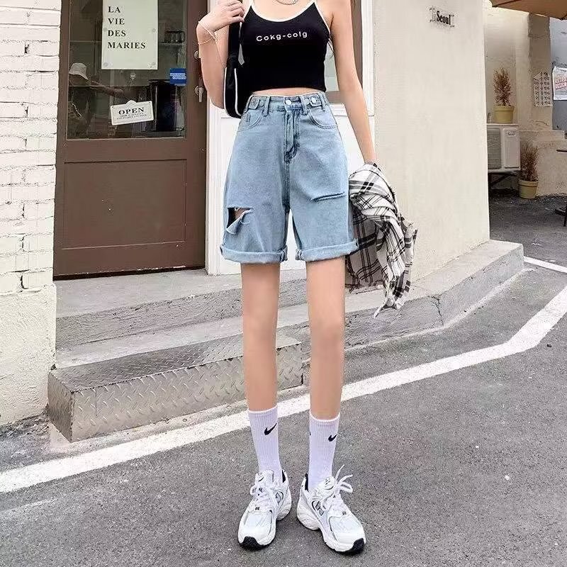 Denim shorts men in summer, thin cut for women, ripped five quarter loose split pants, trendy brand