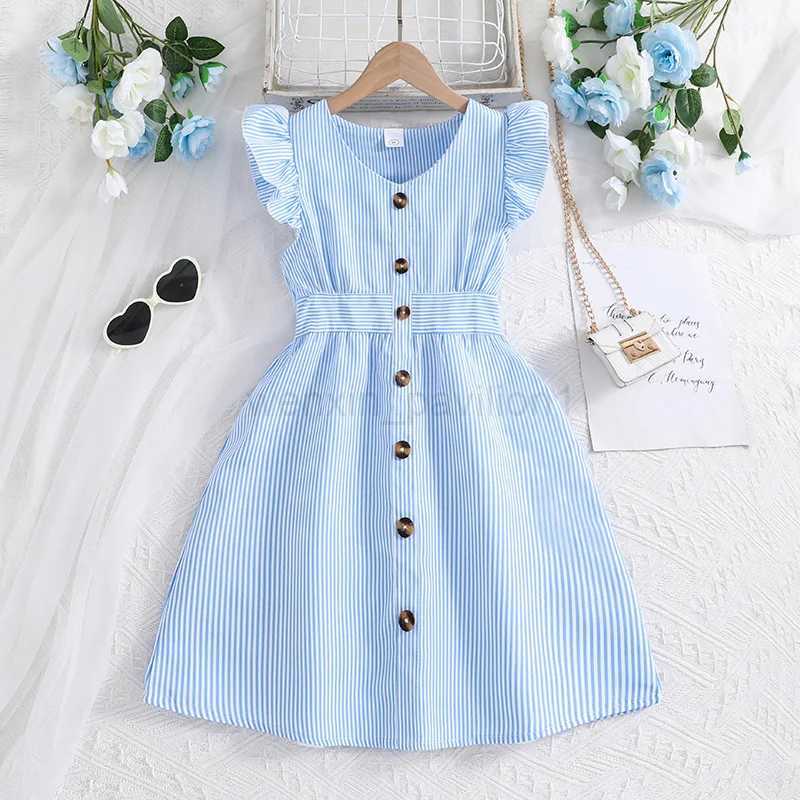Girl Dress Summer New Light Blue Stripe Ruffled Sleeveless V-Neck Dress Elegant Cute Daily Casual Vacation Preppy Style OutifitsXJ240720