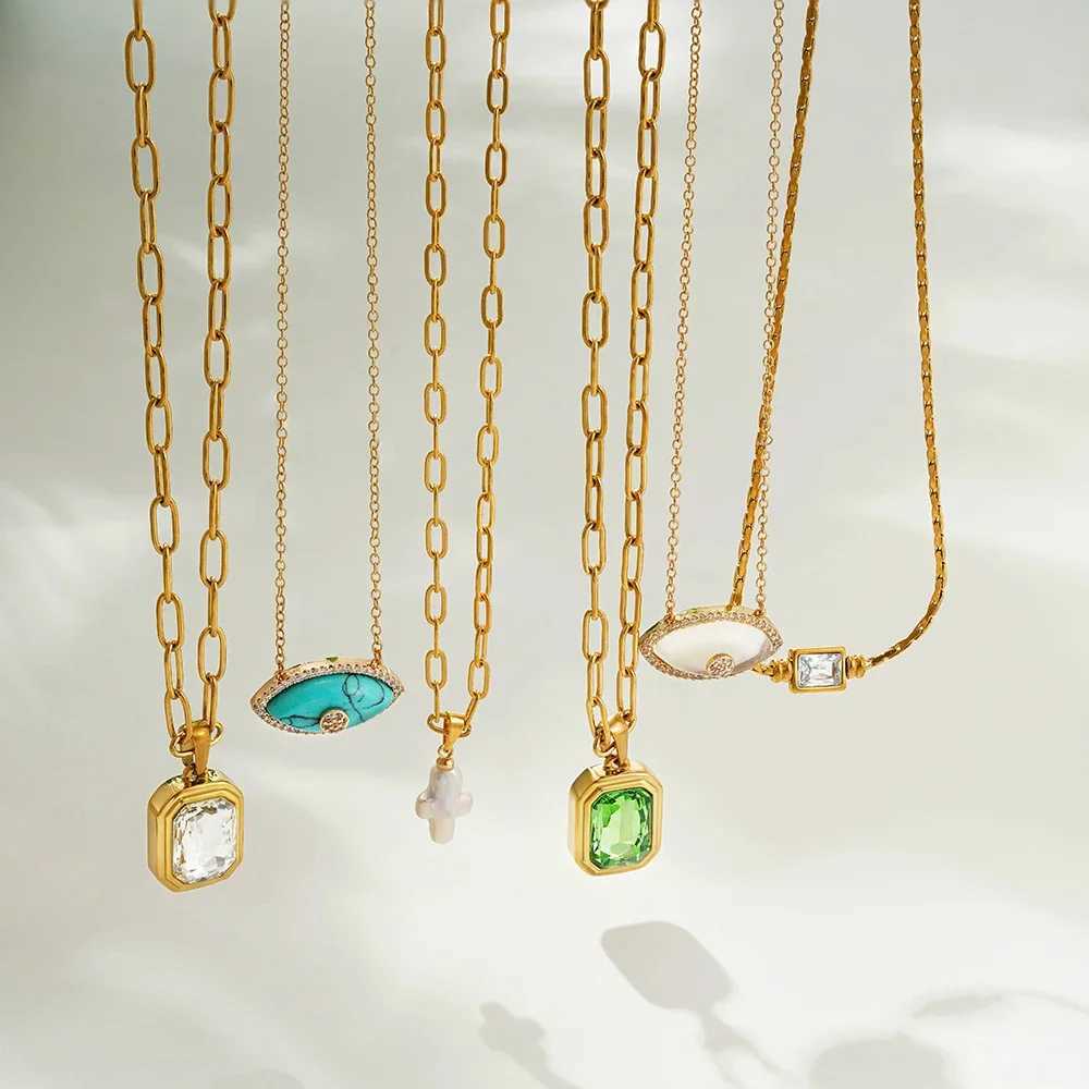 Pendant Necklaces Vintage Trkiye Eye of Evil Opel Pendant Square Multicolor Crystal Snake Chain Necklace Shiny CZ Pearl Cross Necklace Jewelry J240719
