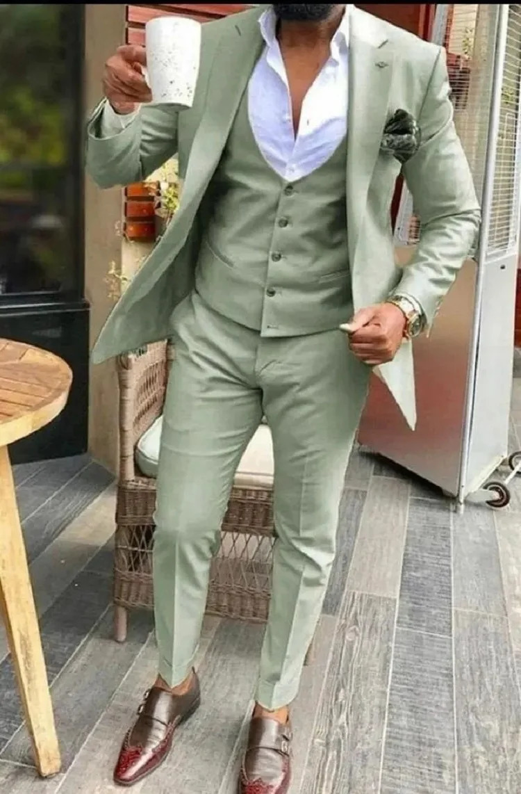 Light green Suits Men 3 Pieces Wedding Wear Business Male Groom Dress Jacket Vest Pants Set Blazers Coat 240713
