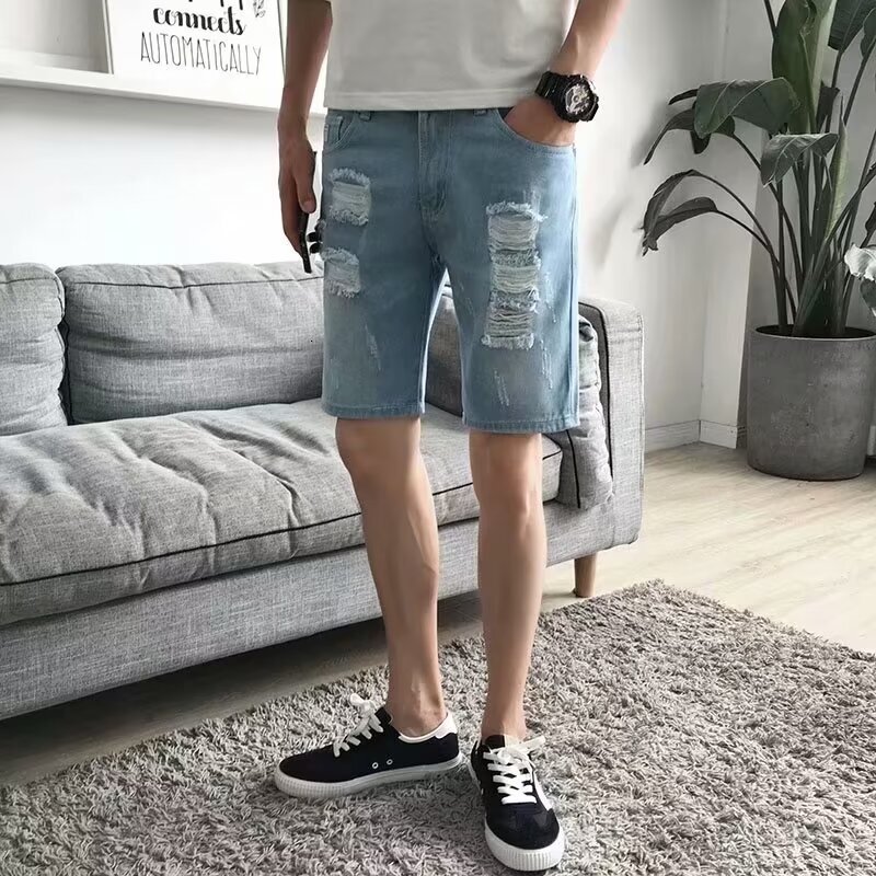 Summer thin ripped denim shorts men's American loose mid length trendy brand street versatile five quarter pants