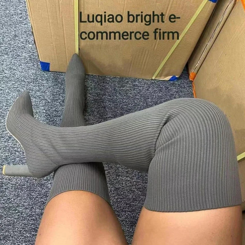 Womens High Heel Autumn Winter Fashion Knitting Stretch Women Retro Long Mid Sock Boots Botas Mujer 240717 4