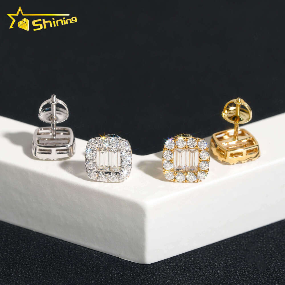 Trendy Vvs Moissanite Diamond Unisex Solid 10K Gold Baguette Cut Eat Studs Fine Jewelry Earrings