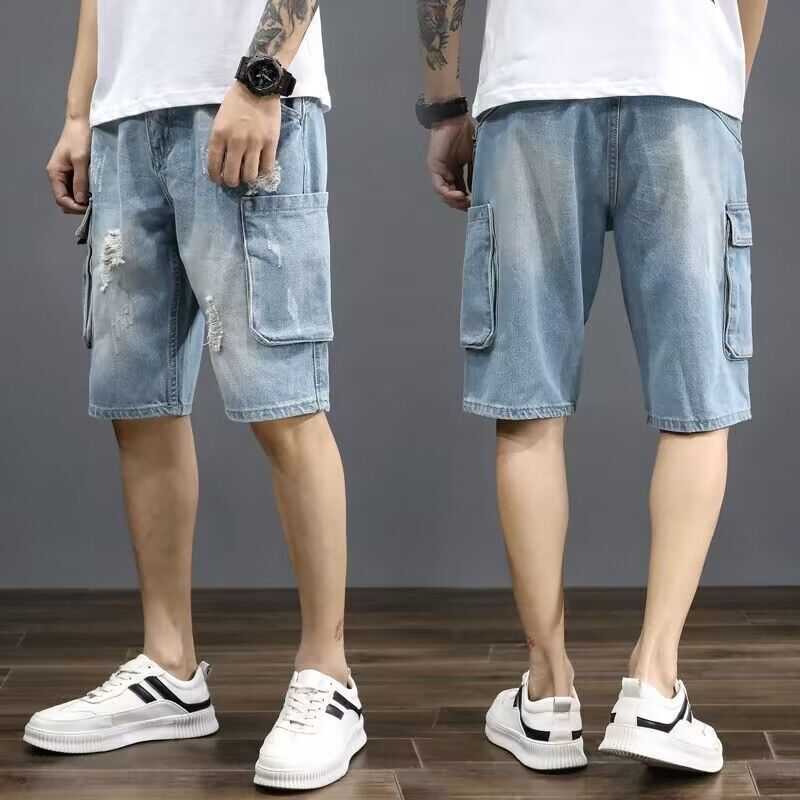 Men's denim shorts, summer new style, large pocket, perforated casual five quarter loose straight tube, thin mid length pants, trendy