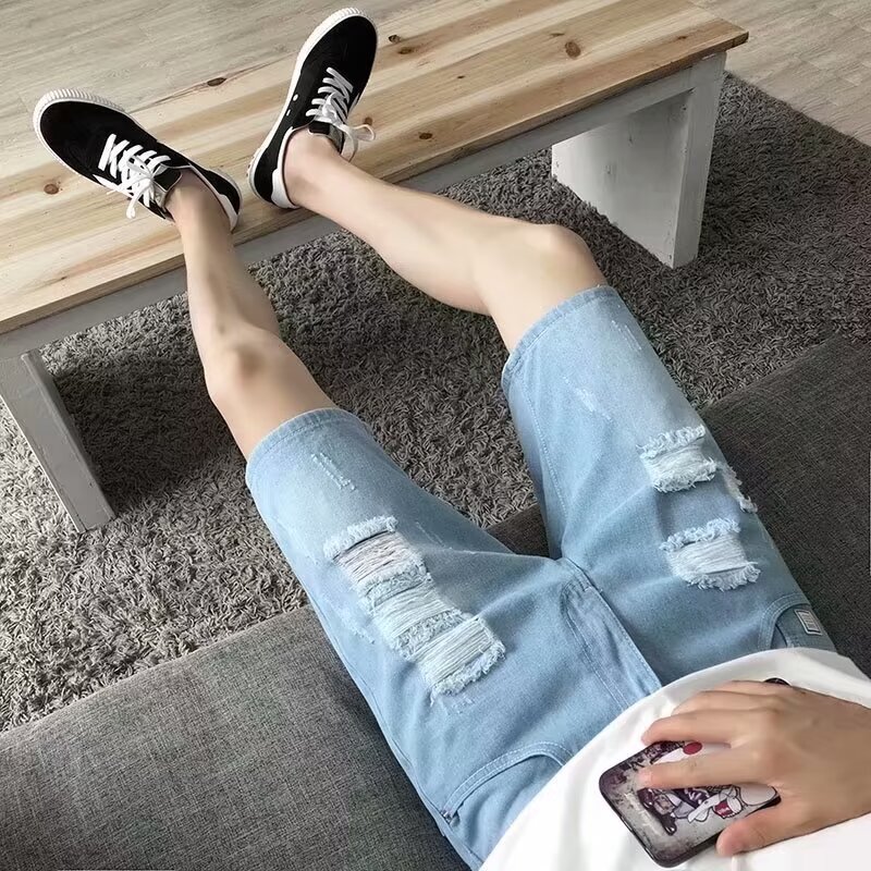 Summer thin ripped denim shorts men's American loose mid length trendy brand street versatile five quarter pants