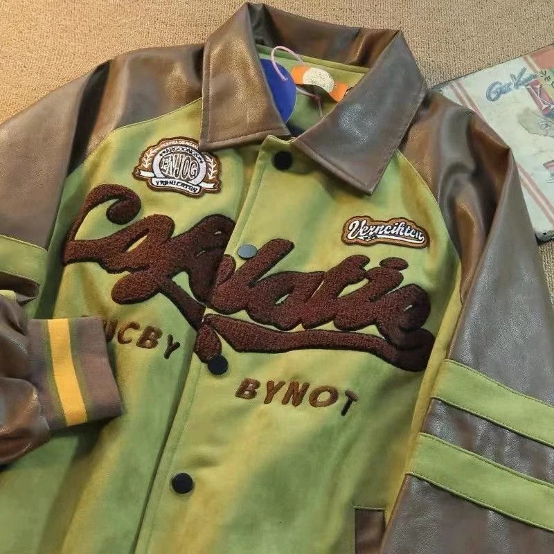 Retro Towel Embroidered Color Matching Leather Jacket Mens Loose Casual Women Autumn Winter Baseball Uniform Couple Jackets 240716