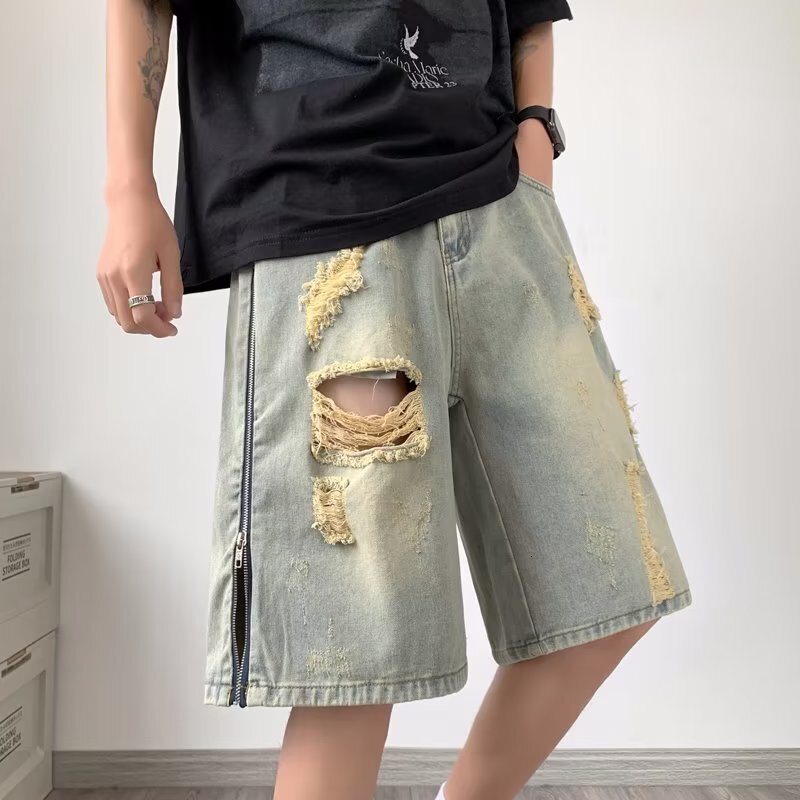 Perforated denim shorts, men's trendy brand loose and casual American oversized beggar's capris, summer thin shorts