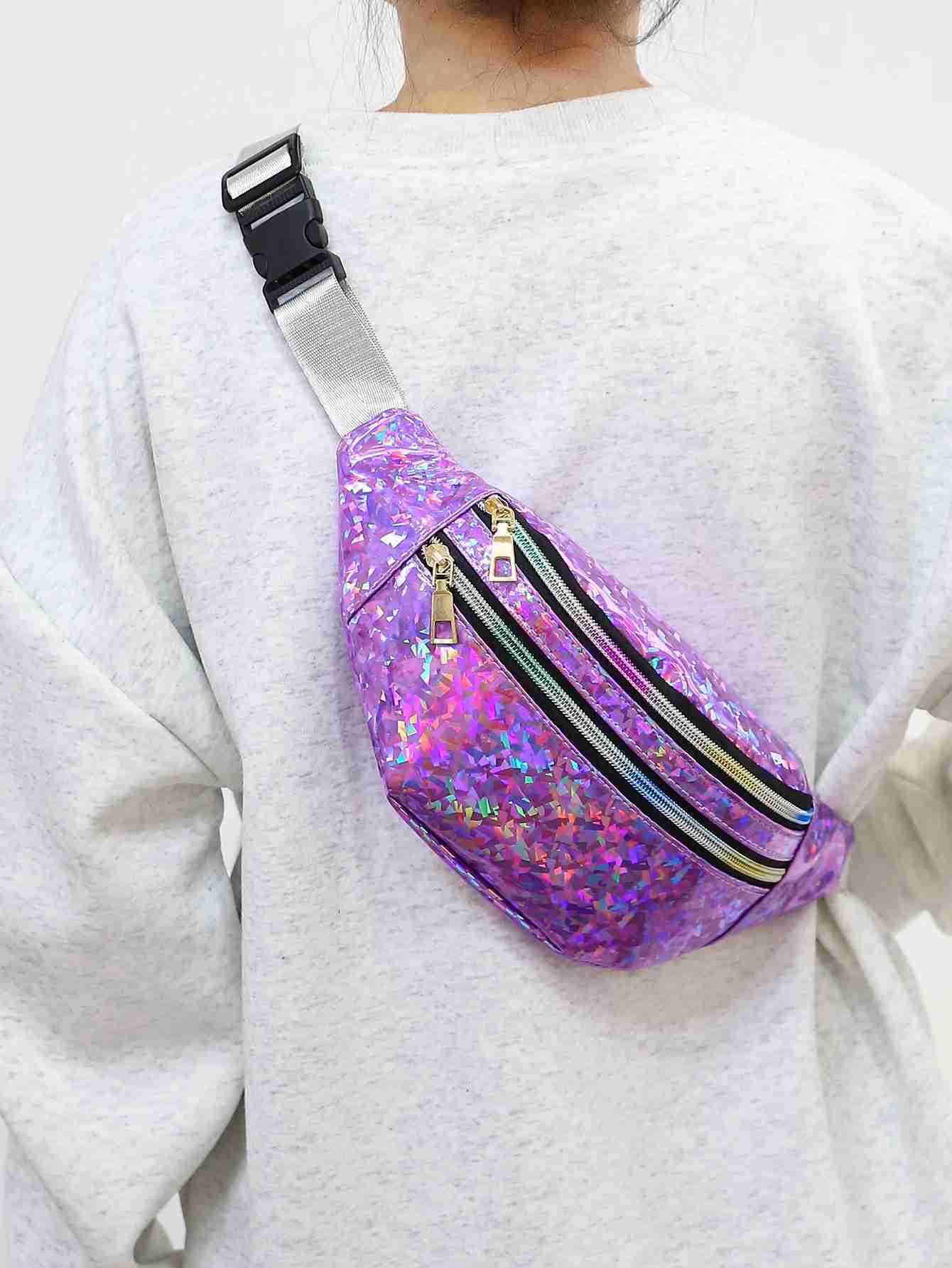 Holographic Waist Bags Women Silver Fanny Pack Female Belt Bag Black Geometric Waist Packs Laser Chest Phone Pouch Bum BagXJ240720