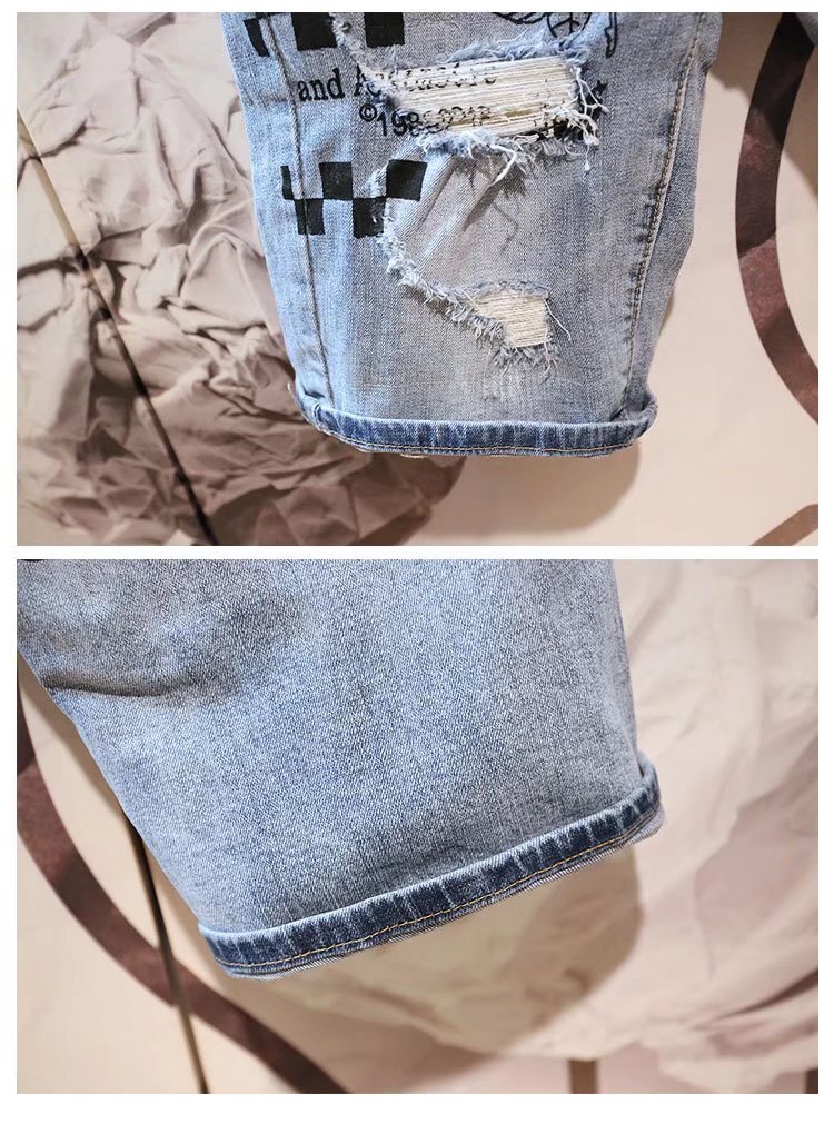 Summer men's slim fit denim 5/5 shorts trendy brand INS Korean version rose checkered ripped washed mid length pants