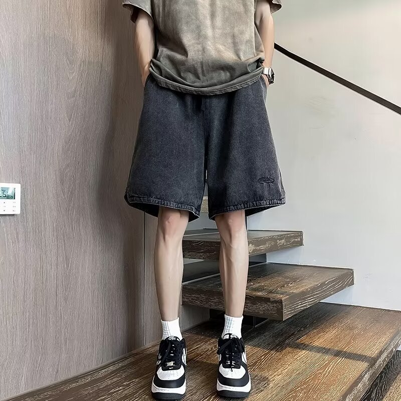 Denim shorts for men, summer gradient high street trend washed straight leg pants, oversized loose casual thin cropped pants