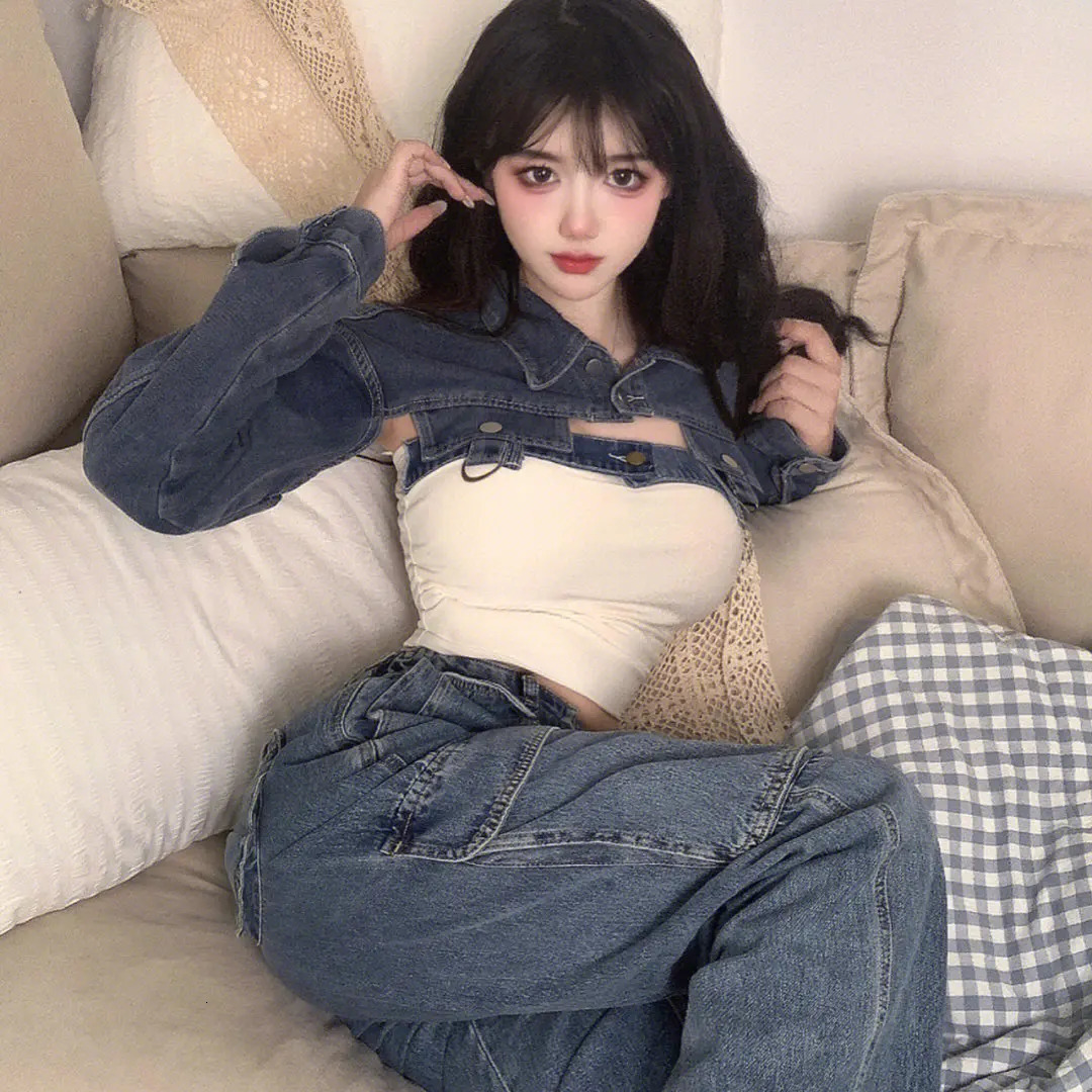 Summer Korean Chic Inner Short Tube Top Vintage Sweet Spicy Jeans Long Sleeve Short Coat Trendy Two Piece Set Women Outfits 240717
