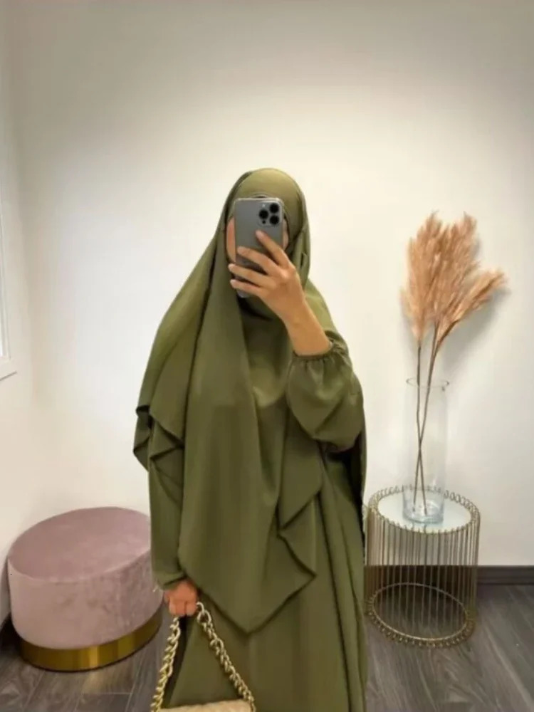 Eid Muslim Women Long Khimar 2 Piece Set Abaya Dress Prayer Garment Hijab Full Cover Islamic Ramadan Kaftan Djellaba 240712