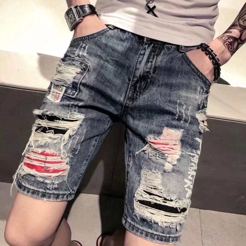 Summer thin denim shorts men's loose cropped pants, casual oversized elastic waist with holes, stretch Korean version for external wear