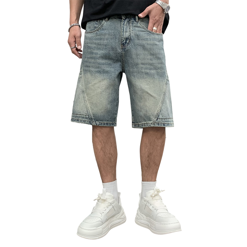 Handsome high-end light colored denim for men summer, trendy and fashionable design, casual five inch mid length shorts in large size