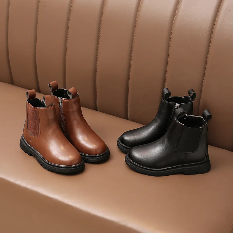 Winter Kids Fashion Martin Boots Childrens Rubber Outsole Non-slip Warm Zipper Leather Ankle Boots Boys Girls Casual Shoes 240710