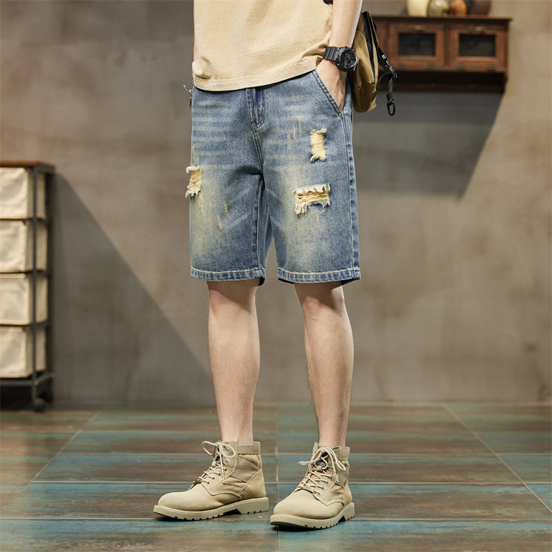 2024 summer casual denim shorts men's versatile loose ripped jeans Korean version trendy ins cropped pants