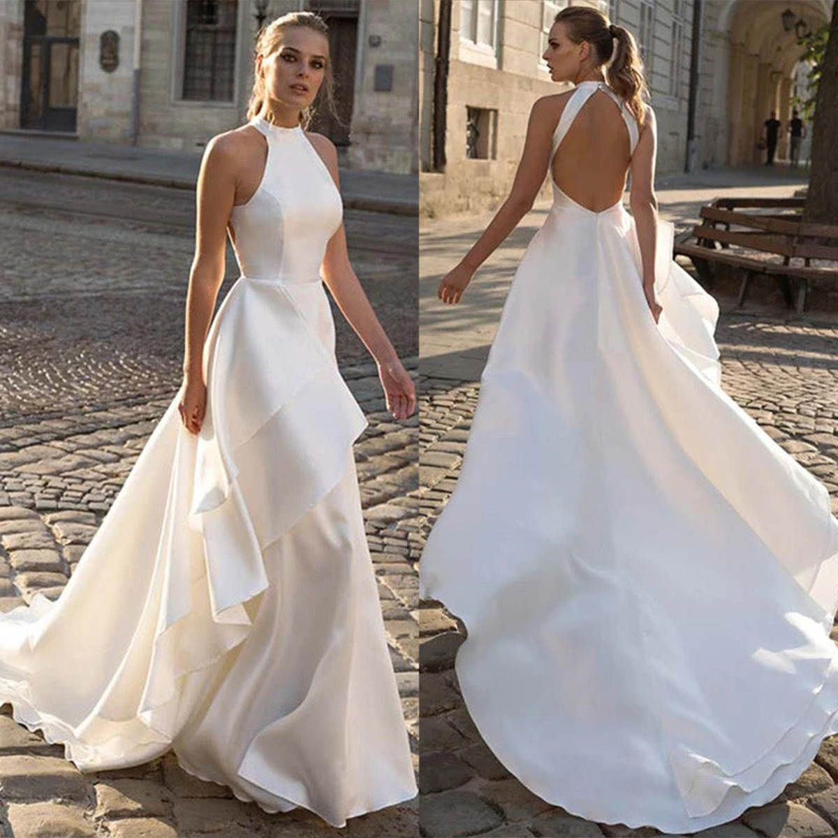Fashion A Line Wedding Dress Halter Sleeveless Bride Gowns Backless Pleat Tiered Sweep Train Bridal Dresses Vestido De Novia