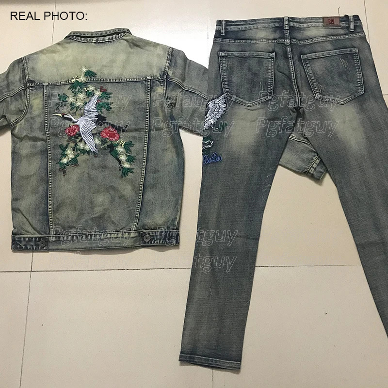 Retro Blue Tracksuit Spring Autumn Embroidered Crane Mens 2pcs Pant Sets Fashion Slim Fit Denim Jacket and Stretch Jeans 240712