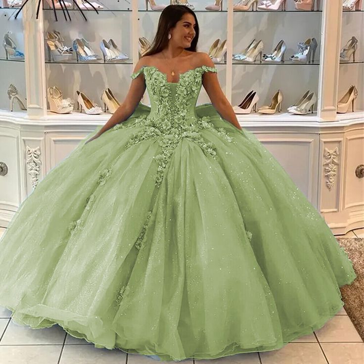 Princess Sage Ball Gown Quinceanera Dresses With 3D Floral Appliques Off Shoulder Floor Length Tulle Birthday Prom Dress Big Bow Back Sweet 16 Gowns