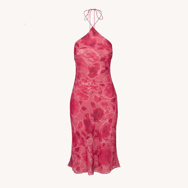 Summer New Silk Sexy Hanging Neck Strap Printed Backless Dress Seaside Vacation Style Loose Waist Temperament Pregnant Women S Dress Lace Dress Silk D