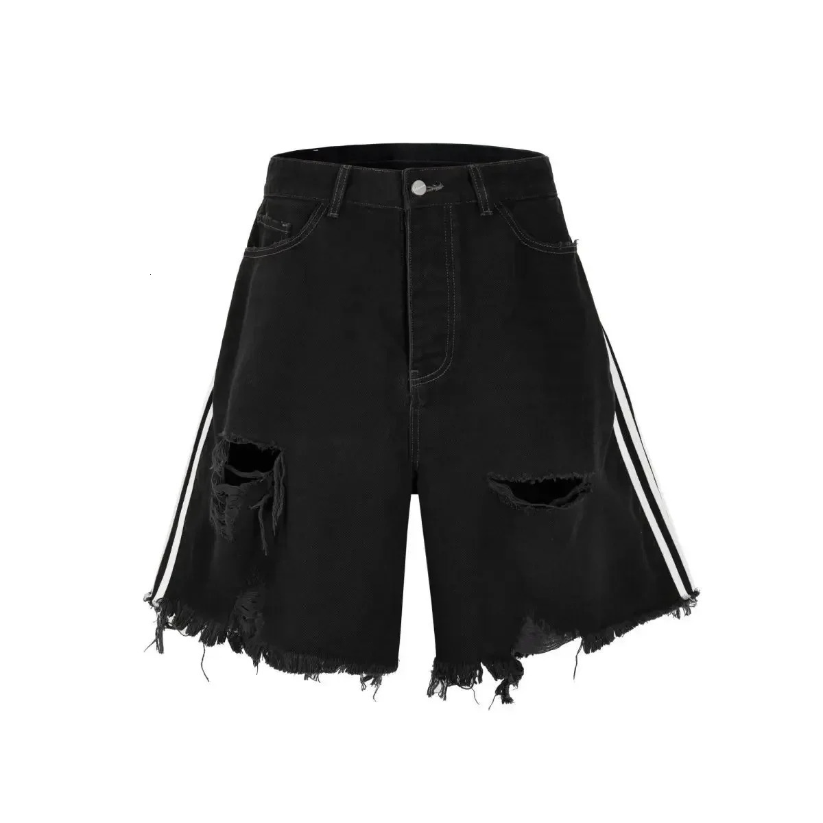 Black Hip-hop Hole Beggar Jeans Shorts Mens American Street Washed Old Loose Five-part Pants Streetwear Men Y2k Clothes Pants 240716