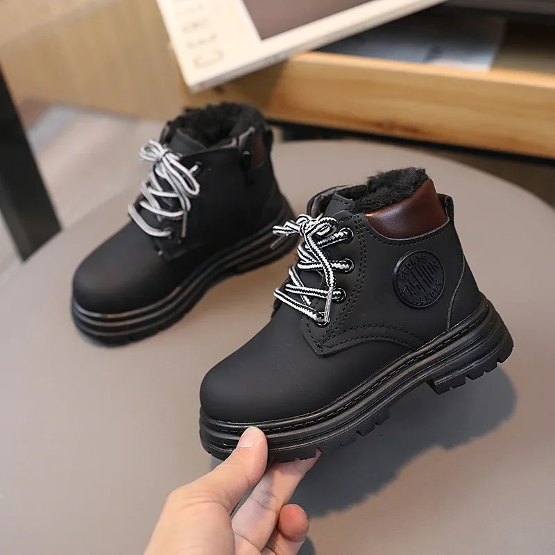 Winter Kids Combat Boots Furry Lined Children Ankle Boots Fashion Boys Girls Short Boots Student Non-slip Shoes Footwear H07032 240710