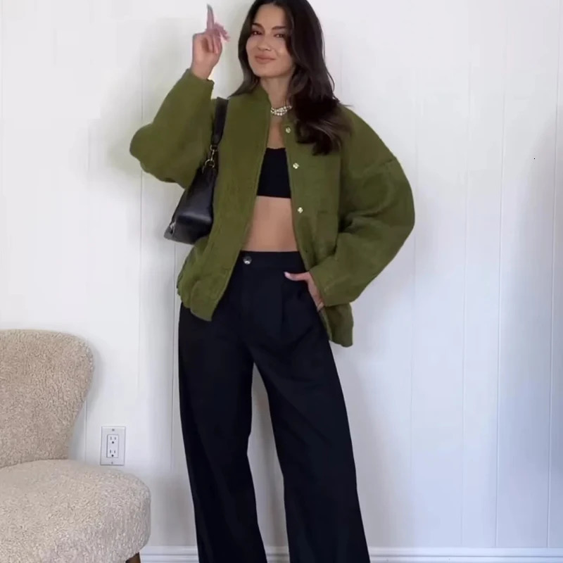 TRAF Woman Tweed Jacket Coat Fluffy Plush Jackets for Women Bomber Jacket Coat Autumn Winter Black White Demi-season Jacket 240712