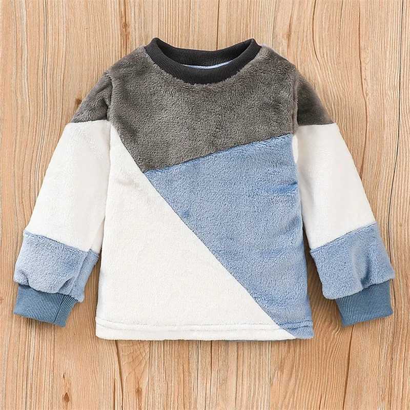 2-7-year-old childrens plush pajamas set in contrasting colors long sleeved top long pants pajamasW240716
