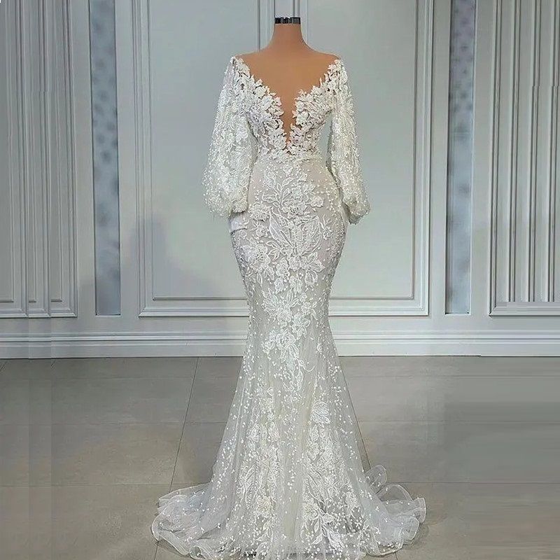 Long Sleeve Mermaid Wedding Dresses 2024 Sheer Neck Full Lace Floral Beaded African Trumpet Fishtail Beach Aso Ebi Bridal Gowns Custom made