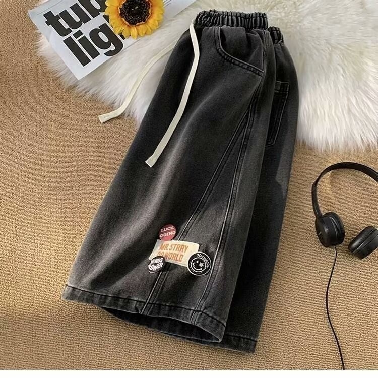Denim shorts for men in summer, thin, lace up, loose, straight leg, ice feeling, breathable, casual, versatile, mid length pants, trendy