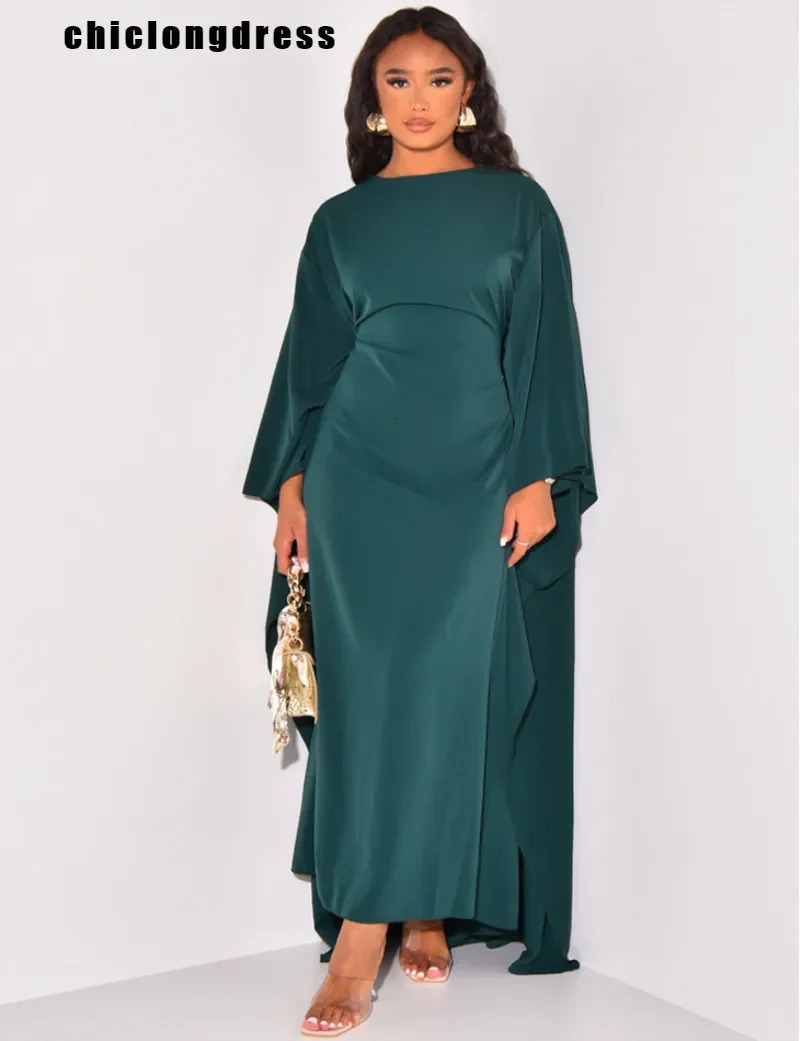Autumn Fashion Satin Party Dress Robe Abaya Muslim Women Elegant Solid Round Neck Bat Sleeves Loose Maxi Dress Women 240715