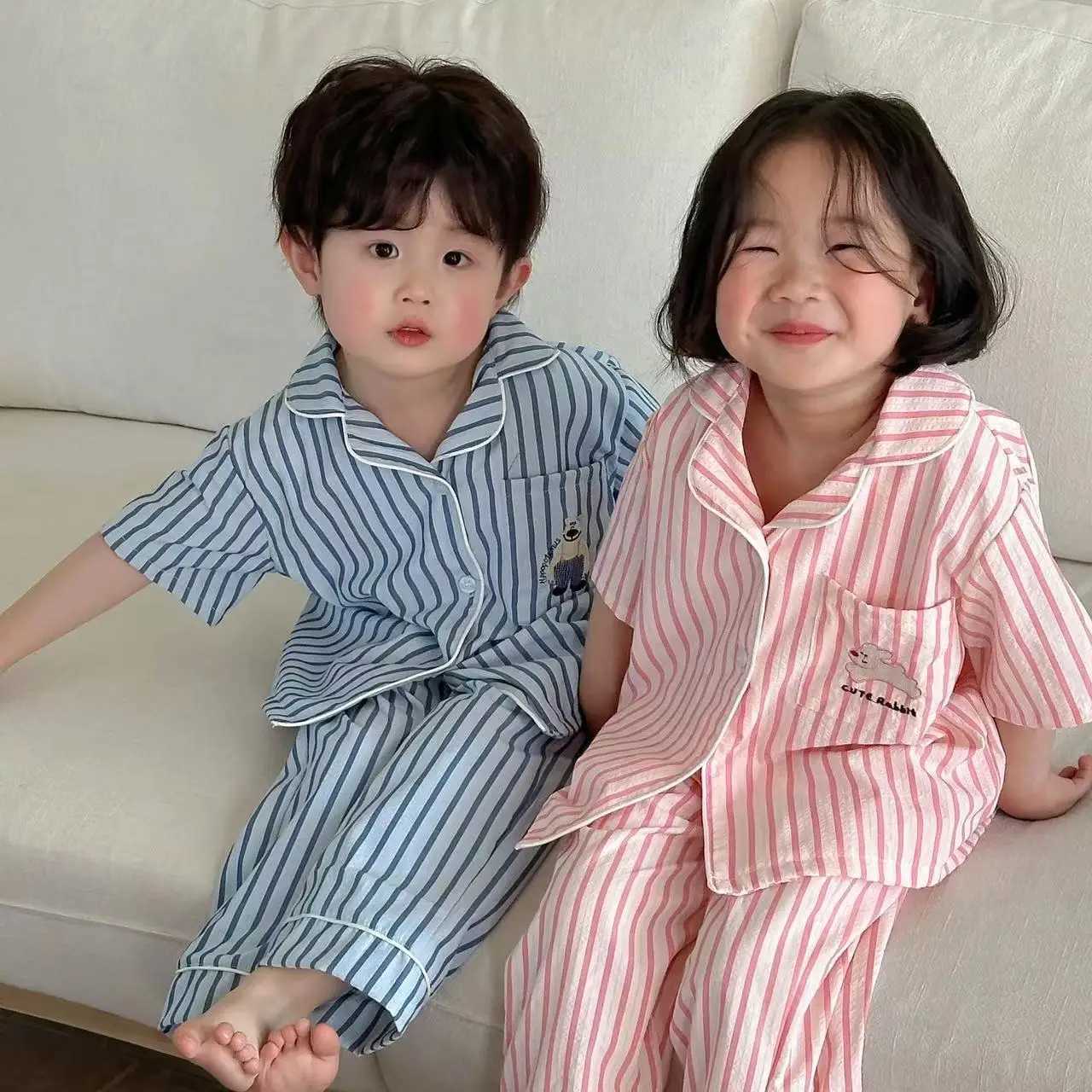 Childrens summer clothing set Korean boys and girls fashion striped cotton pajamas childrens simple soft breathable home clothesW240716