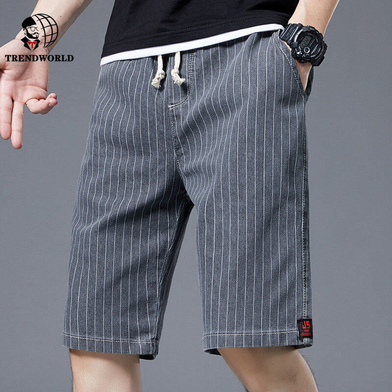 Summer Denim Shorts Men's Loose Outwear Cropped Fashion Brand Stripe Lace Large Casual Pants