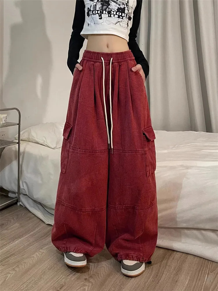 South Korean Y2K Fashion Brushed Casual Luggage Jeans Straight Wide Leg Sports Pants Trousers 240718
