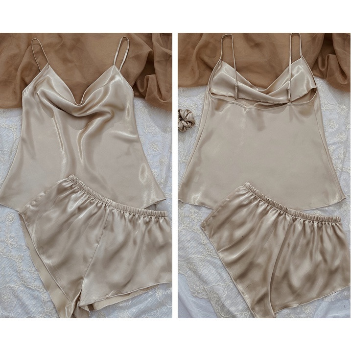 2 Pieces Ladies Sexy Silk Satin Pijama Sleeveless Sleepwear Set Top and Shorts