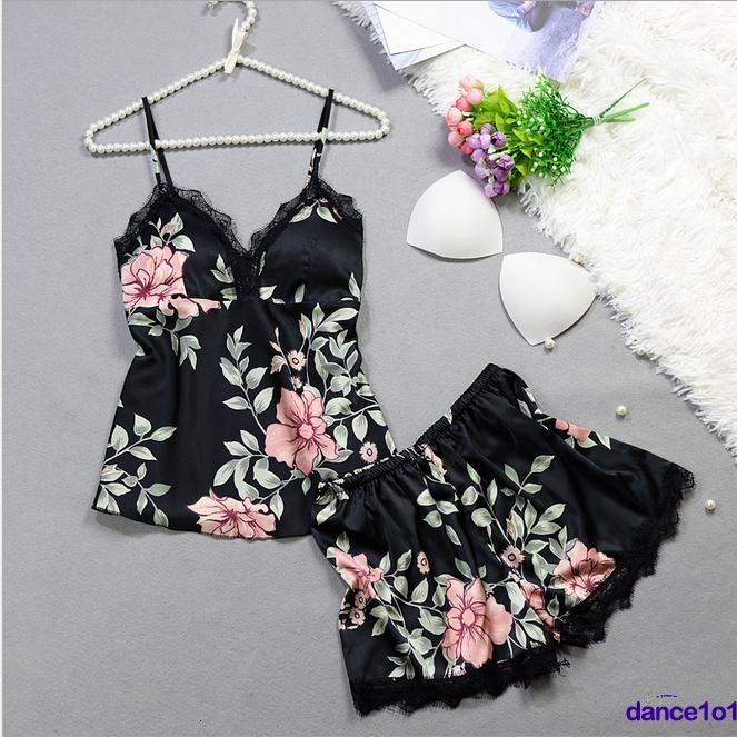 Womens Sexy Floral Satin Lace 2Pcs Sleepwear Nightdress Pamas Set 2019
