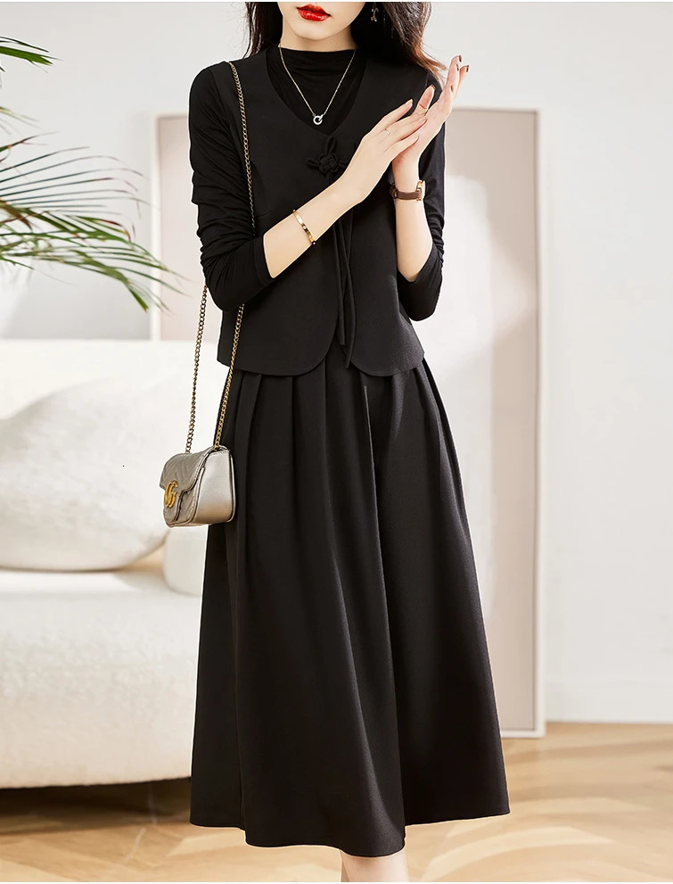 Autumn Fashion Vest Overlay Dress for Women Three Piece Set of Chinese Style Frog 240717