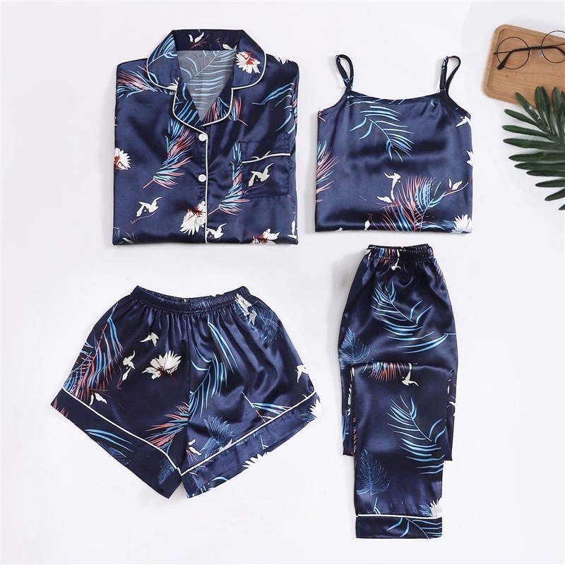 4 Pieces Silk Sets For Women Night Wear Sexy Sex Sling Shorts Sleeve Long Pants Satin Pamas