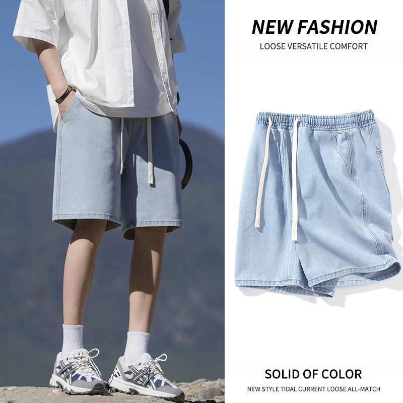 Summer new trend five quarter men, loose elastic waistband, lace up denim shorts for men