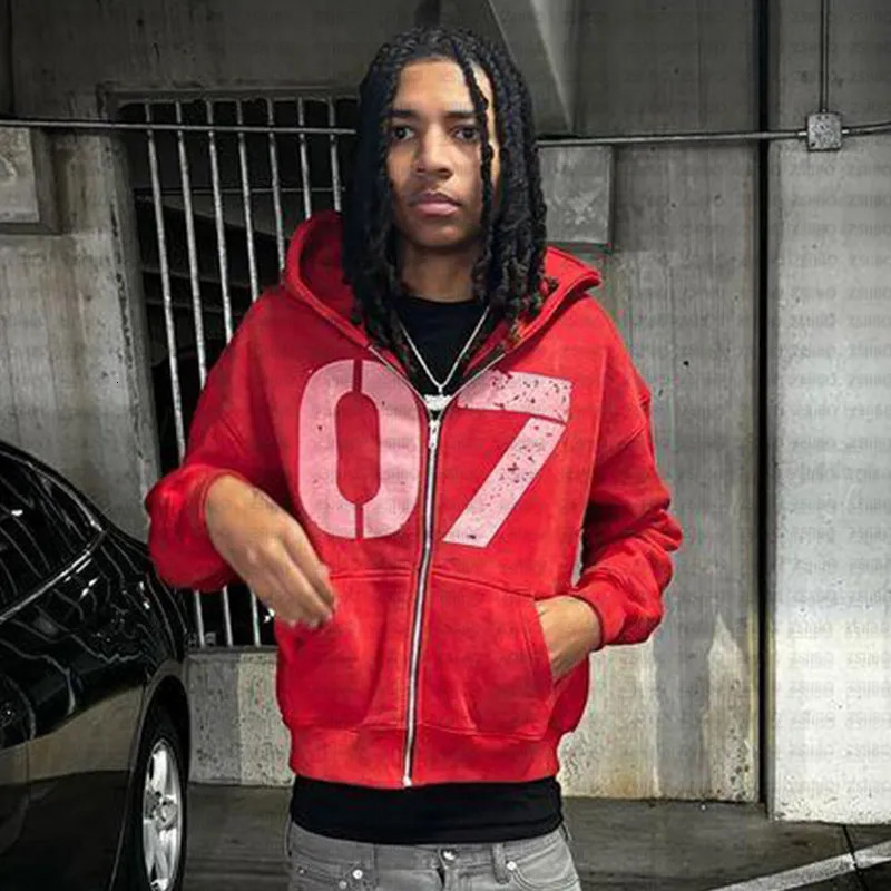 Numeral 7 Printed Zippered Hoodie Y2K Clothing Mens Street Fashion Jacket Top Hiphop Aesthetic Womens Sweatshirt Vintage 240715