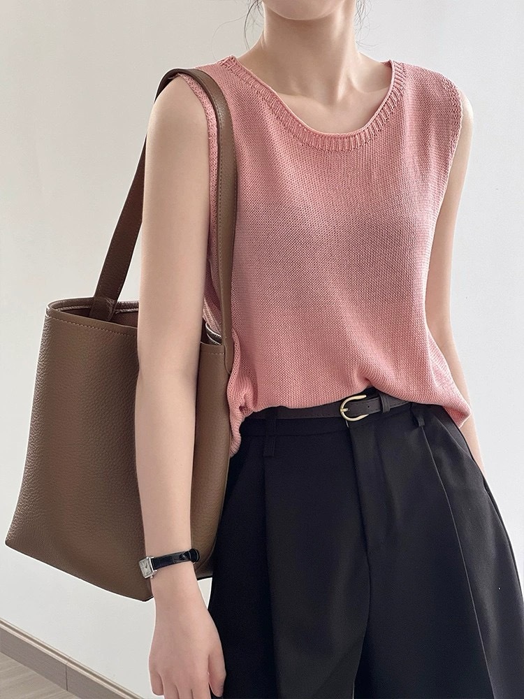 Women's linen camisole vest for summer outerwear innerwear 2024 new loose and thin sleeveless short knitted top