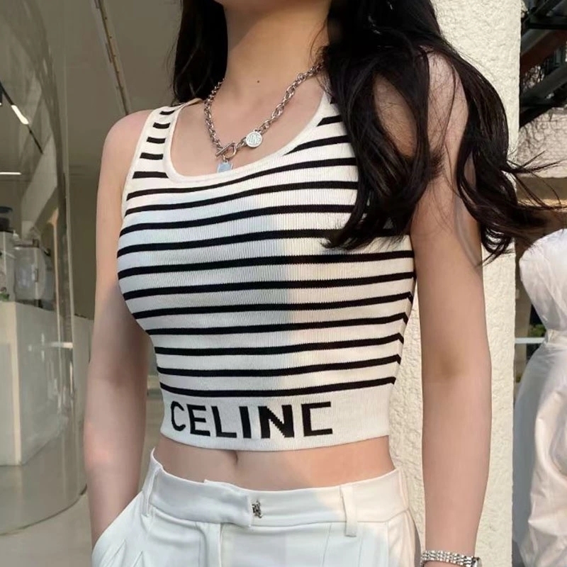 Striped knitted vest for women in summer, slim fit, letter sports style, worn with camisole top, cool silk