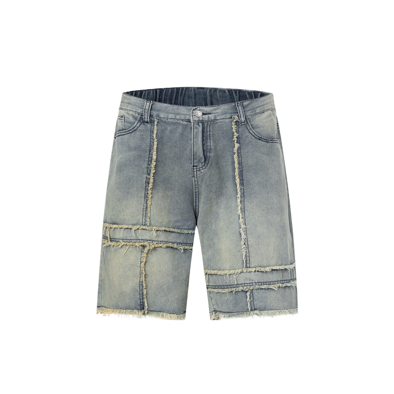 American style denim shorts, men's summer fashion label, casual fur edge design, five point pants
