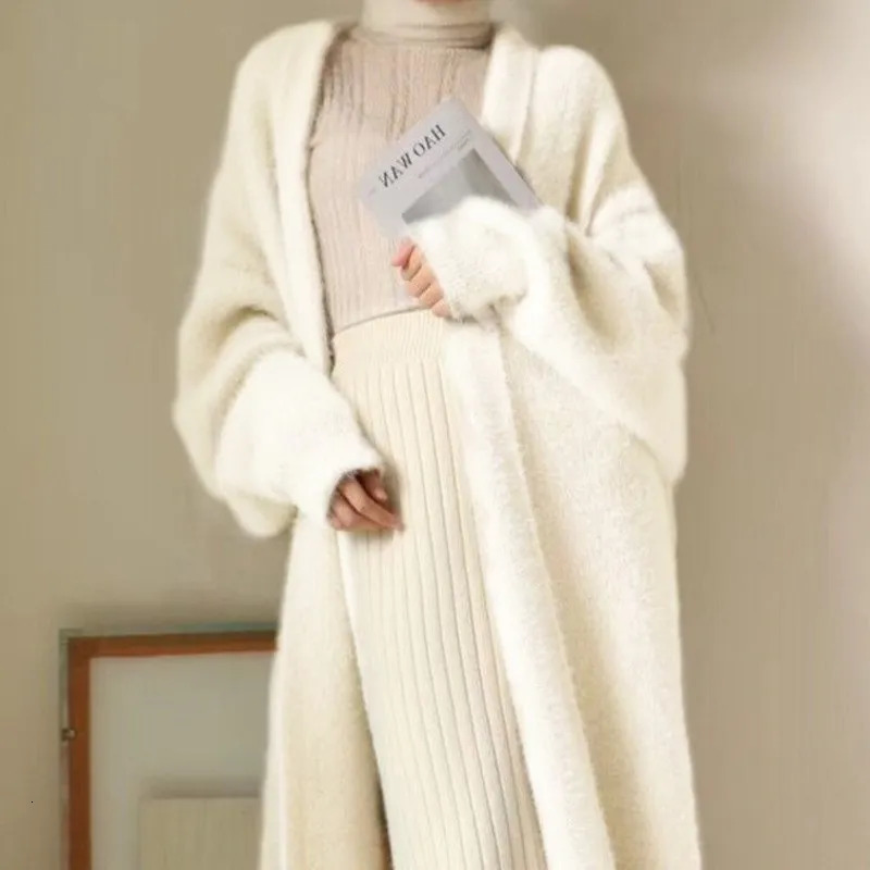 Womens white long cardigan wool sweater winter clothing for 2024 knitted fluffy sleeved cashmere coat warm vintage 240718