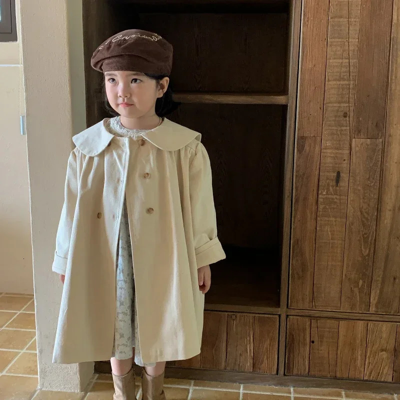 Baby Long Windbreaker Collar Children Kids Fashion Trenchcoats Korean Style Toddler Girls Clothes Autumn Kaki Trench Coats 240711