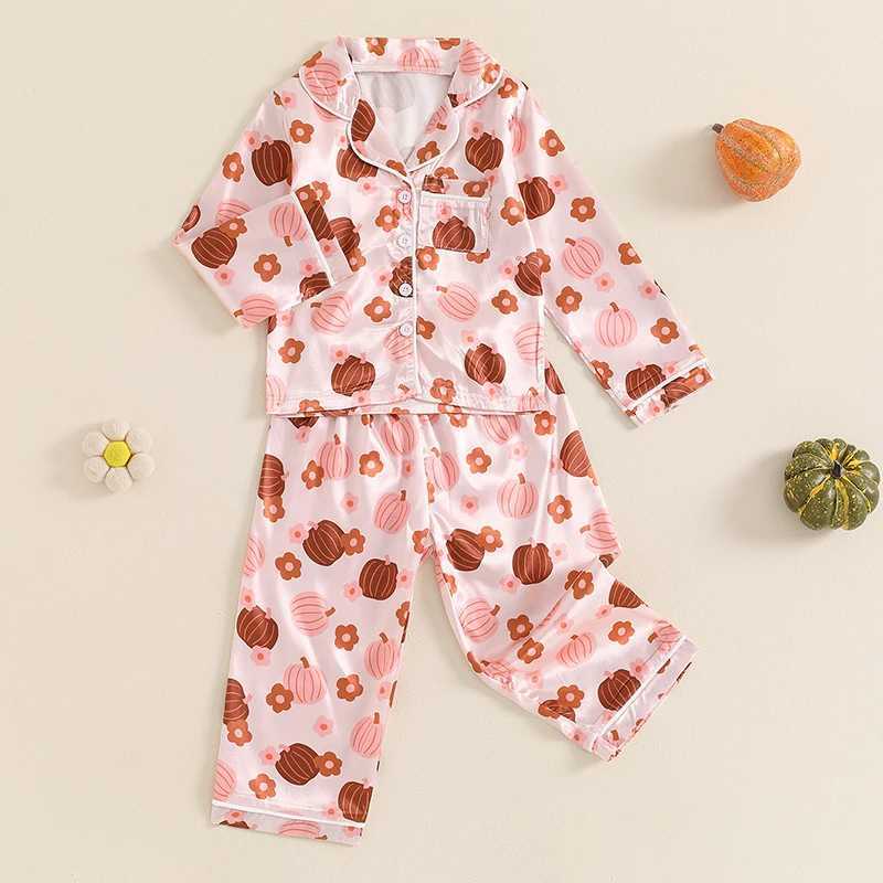 1-5Y Little Girl Satin Pajama Set Pumpkin Flower Long Sleeve Shirt Set Childrens Halloween Pajama Childrens Lounge SetW240716