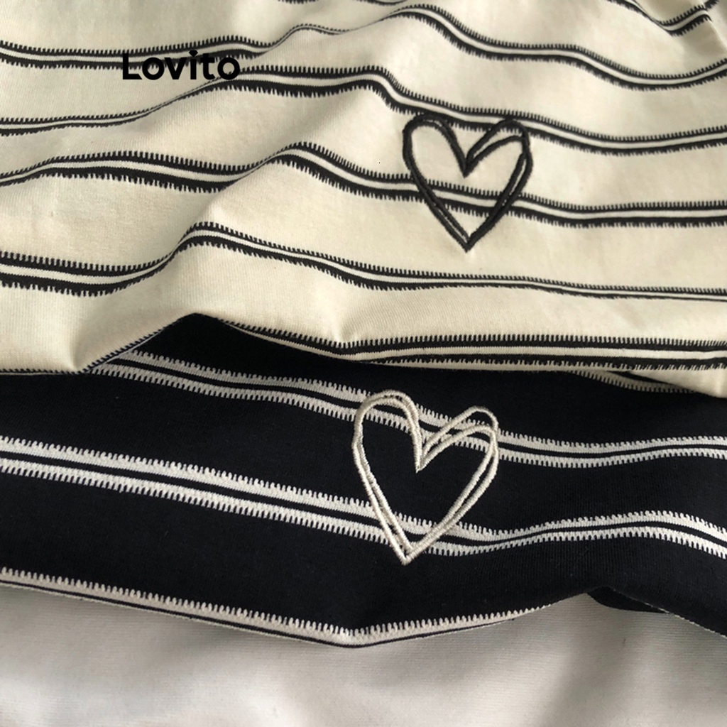Lovito Casual Striped Round Neck Heart Print T-Shirt for Women LNE24003 (Apricot/Black)