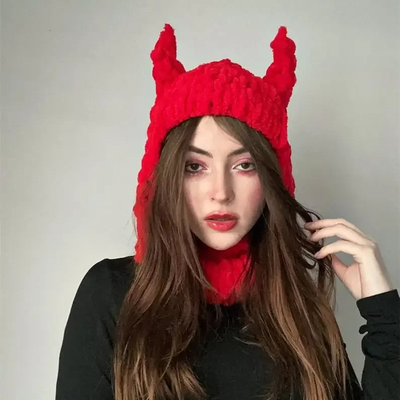 Y2K Womens Rabbit Ears Hand-knitted Hat Sweet and Cool Chick Thickened Thermal Mask Demon Hood Party Bear Beanie 240712