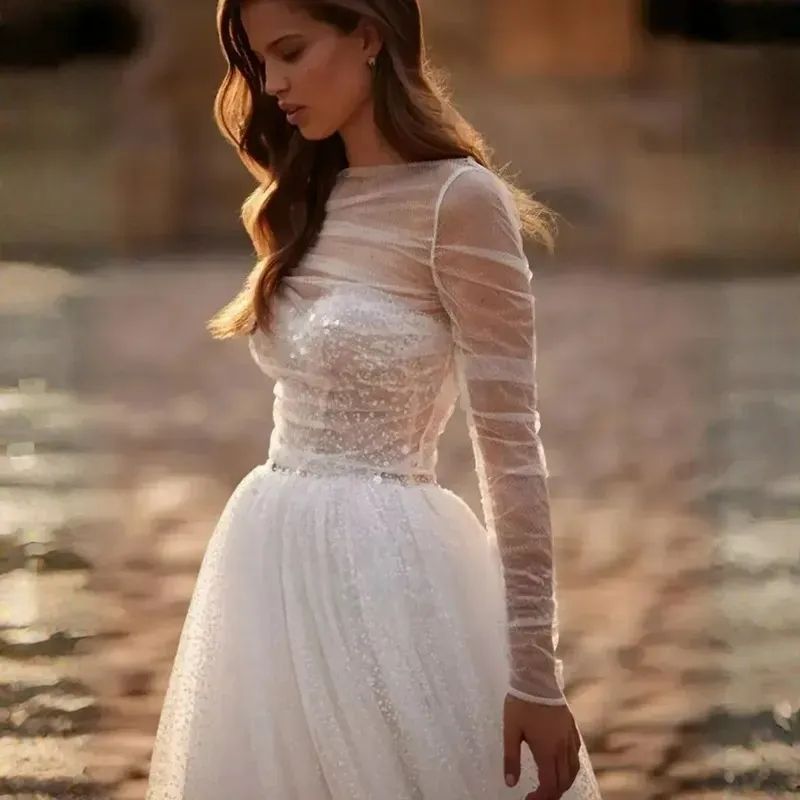Sequined Tulle Wedding Dresses With Removable Cape Wraps Long Sleeves Romantic A Line Boho Bridal Gowns Floor Length Custom Made